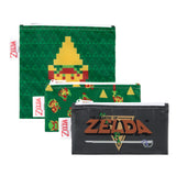 Bumkins Reusable Snack Bag 3-Pack boasts waterproof fabric with retro The Legend of Zelda™ pixel art designs on a green background.