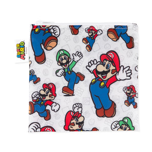 A large white waterproof Bumkins reusable snack bag featuring Super Mario™ & Luigi in colorful cartoon overalls for ultimate durability.