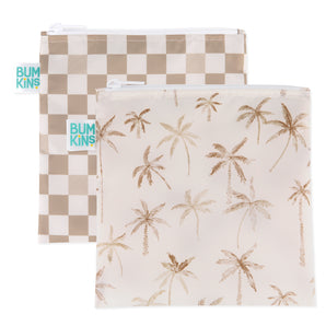 Bumkins Reusable Snack Bag, Large 2 Pack: Palm Check—one beige checkered and one palm tree design, both in waterproof fabric.