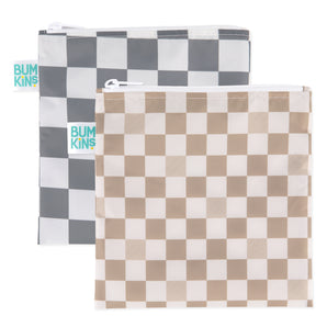 Bumkins Reusable Snack Bag, Large 2 Pack: Double Check includes two large checkered snack bags in gray and beige made of waterproof fabric.