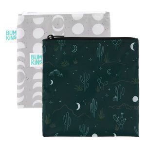 Bumkins Reusable Snack Bag, Large 2 Pack: Desert Night includes 2 waterproof bags—one grey with moon phases, another green with cacti and moons.