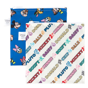 Bumkins Reusable Snack Bag, Large 2 Pack: Mickey & Friends MVP features two waterproof pouches with colorful prints.