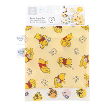 Bumkins Reusable Snack Bag, Large 2 Pack: Pooh Bear and Friends is shown on a white packaging header.