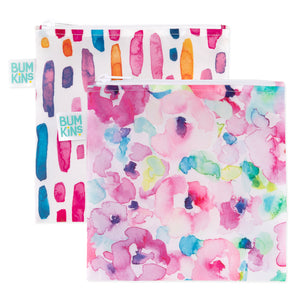 Bumkins 2-Pack Reusable Snack Bags feature Watercolor & Brush Strokes patterns and a durable zipper closure.