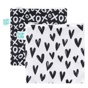 Bumkins Reusable Snack Bag 2-Pack: Waterproof, large XOXO & Hearts pattern bags, perfect for snacks.