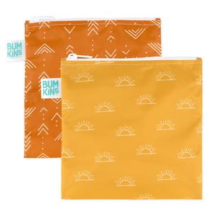 Bumkins Reusable Snack Bag, Large 2-Pack: Sunshine & Grounded. Includes orange arrow and yellow sun designs. Machine washable.