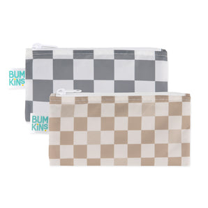 Bumkins Reusable Snack Bag, Small 2 Pack: Double Check in gray and beige checkered designs, crafted from waterproof fabric for durability.