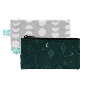 Bumkins Reusable Snack Bag, Small 2 Pack: Desert Night includes 2 waterproof bags—one grey with moon phases, another green with cacti and moons.