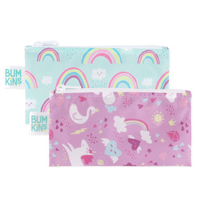 Bumkins Reusable Snack Bag 2-Pack: small, waterproof, machine-washable, with rainbows & unicorns on bright backgrounds.