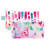 Bumkins Reusable Snack Bag 2-Pack includes vibrant waterproof pouches: one with watercolor strokes, the other with floral patterns.