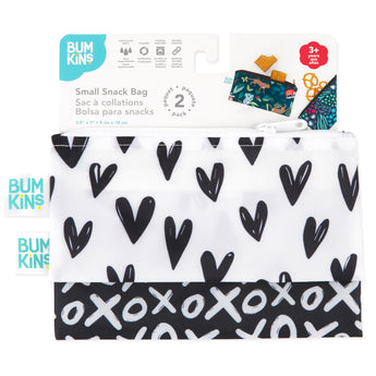 Bumkins Reusable Snack Bag 2-Pack (XOXO & Hearts) for ages 3+. Waterproof fabric, perfect as travel organizers.