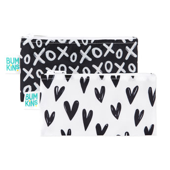 Bumkins Reusable Snack Bag 2-Pack: XOXO & Hearts. Black/white, waterproof, machine wash safe.