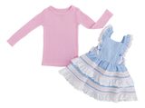 The Birdie Bean Seersucker Linen Birdie Twirl Set features a pink bamboo pointelle top paired with a blue and white striped dress with ruffled shoulders, a layered lace hem, and delicate pink stripes.