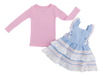 The Birdie Bean Seersucker Linen Birdie Twirl Set features a pink bamboo pointelle top paired with a blue and white striped dress with ruffled shoulders, a layered lace hem, and delicate pink stripes.