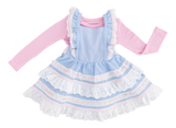 A pink long-sleeve top with the Seersucker Linen Birdie Twirl Set by Birdie Bean, featuring blue and white stripes with lace and frills.