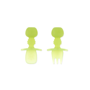 Bumkins Silicone Chewtensils®: Green Jelly set includes a left spoon and right fork, all made from platinum silicone on a white background.