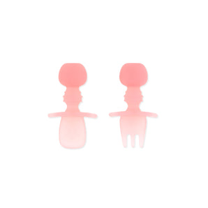 Bumkins Silicone Chewtensils®: Pink Jelly, a spoon and fork set ideal for teething and baby-led weaning.