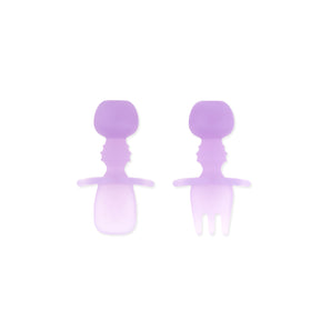 A set of two Bumkins Silicone Chewtensils®: Purple Jelly on a white background, ideal for baby-led weaning.