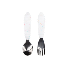 Bumkins Spoon + Fork: Vanilla Sprinkle toddler utensils with white handles and colorful speckles, ideal for self-feeding.