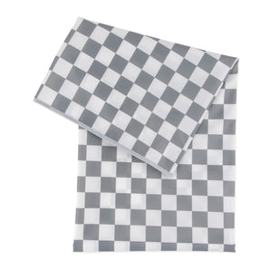 The Bumkins Splat Mat: Charcoal Check features a folded gray and white checkered pattern and waterproof surface for easy cleaning.