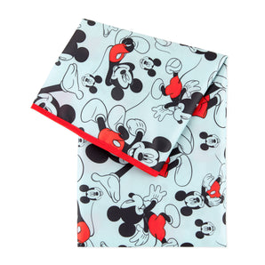 The waterproof light blue Splat Mat: Mickey Mouse from Bumkins features cartoon mice with red accents and is machine washable.