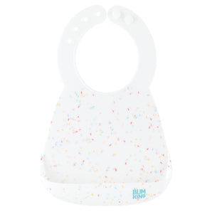 Bumkins Silicone Bib: Vanilla Sprinkle with adjustable fasteners, dishwasher-safe and features the logo at the bottom.