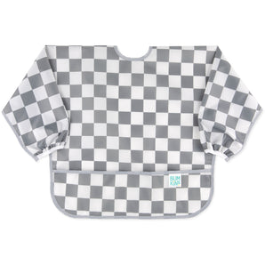 Bumkins Sleeved Bib Charcoal Check: Gray/white checkers, long sleeves, waterproof with bottom pocket—perfect for baby-led weaning.