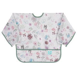 Bumkins Sleeved Bib: Floral, with green trim, is waterproof and ideal for baby-led weaning.