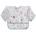 The Bumkins Sleeved Bib: Floral features a pastel floral and leaf design, waterproof fabric, and a bottom pocket with green trim—ideal for baby-led weaning.