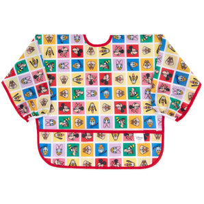 Bumkins Sleeved Bib: Mickey & Friends Check Mates—colorful, waterproof long-sleeve bib featuring Disney characters in a grid pattern.