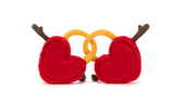 The Jellycat Amuseables Val & Tina Love Locks are plush red hearts with soft fur, linked by golden yellow locks. Each heart has brown arms in a welcoming gesture, set against a white background.