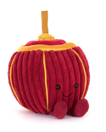 The Jellycat Amuseables Rayray Lantern plush toy is delightful with a smiley face, small black eyes, ribbed texture with yellow accents, two round plush feet, and a short brown stem—perfect for any collection.