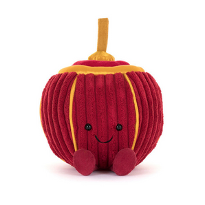 The Jellycat, Amuseables Rayray Lantern is a plush toy featuring a red and yellow apple shape with a smiling face, corduroy texture, small black eyes, and a brown stem on top. It includes small red feet to enhance its charming design.