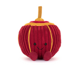 The Jellycat, Amuseables Rayray Lantern is a plush toy featuring a red and yellow apple shape with a smiling face, corduroy texture, small black eyes, and a brown stem on top. It includes small red feet to enhance its charming design.