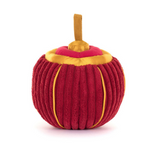 Inspired by the Amuseables Rayray Lantern series, this whimsical Jellycat plush toy mimics a root vegetable with its red hue, golden loop accents, yellow top, ridged texture, and charming brown stem.