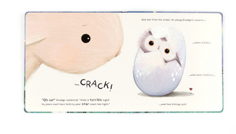 The Jellycat, Smudge Rabbit and the Falling Star Book by Jellycat features a pink bunny gazing at a hatching egg. An owl chick with big eyes and fluffy feathers emerges, surrounded by text narrating this delightful bedtime tale.