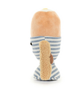 Introducing the Jellycat, Amuse Eggetha Egg & Lance Soldier by Jellycat, an adorable plush toy dressed in a chic blue and white striped sleeve, with a cute tan handle at the back resembling an adorable ponytail.