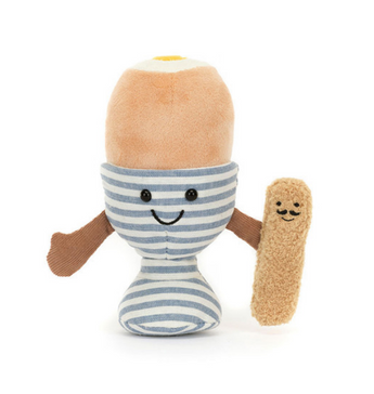 Meet Jellycats Amuse Eggetha Egg & Lance Soldier, a delightful plush duo. The toy resembles a soft-boiled egg in a striped cup with a smiley face and arms, holding Lance Soldier—an equally cheerful toast. Its top features a soft beige exterior with a bright yellow center.