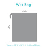 Gray silhouette of the Bumkins Wet Bag with dimensions—width: 12 in (30.48 cm), height: 14 in (35.56 cm).