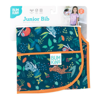 Bumkins Junior Bib: Jungle offers waterproof fabric, vibrant jungle print, orange trim, and an adjustable fit for ages 1-3.