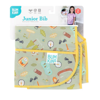 The Bumkins Junior Bib: Camp Gear boasts a camping print with trees, compasses, and footprints, in yellow trim. Machine washable.