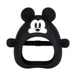 Bumkins Silicone Mitt Teether: Black ring with Mickey Mouse ears, LFGB-grade silicone, textured handles, and a white face design.