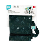 A Bumkins Wet Bag: Starry Cactus, made from waterproof fabric, is shown in its packaging. This dark green reusable wet bag features cacti, crescent moons, and stars. Nearby are small white fabric samples with an abstract pattern.