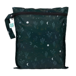 Bumkins Wet Bag: Starry Cactus is dark green, reusable, and waterproof with cactus, stars, and moons print and a zipper.