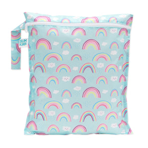 The Bumkins Wet Bag: Rainbows features a turquoise design with clouds and raindrops, made from waterproof fabric and machine washable.