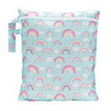 The Bumkins Wet Bag: Rainbows is pastel blue with a waterproof fabric, showcasing a pattern of rainbows and clouds with pink, purple, and blue stripes. It features a Bumkins tag near the zipper, making it an ideal addition to your Bumkins SuperBib or reusable wet bag collection.