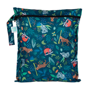 Bumkins Wet Bag: Jungle features a colorful design with sloths and cheetahs on waterproof fabric with a dark teal background.