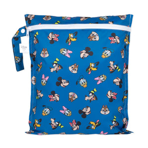 Bumkins Wet Bag: Mickey & Friends Forever featuring cartoon faces on blue waterproof fabric.