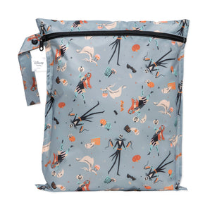 Bumkins Wet Bag: No Tricks, Just Treats features a Nightmare Before Christmas print, waterproof fabric, zip closure, and handle loop.