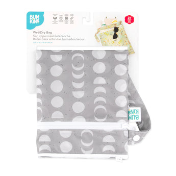 The Bumkins Wet/Dry Bag: Lunar Phase features a stylish gray and white design with moon patterns. Made from waterproof fabric, it includes a handy handle and zip closure, perfect for organizing damp or dry items efficiently.